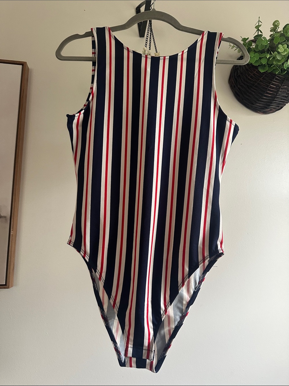 Divided Striped Tank Bodysuit in Navy, White & Red